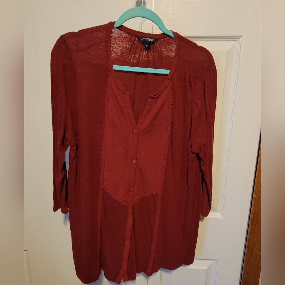 Lucky Brand Women's Size 1X Maroon Linen Blend Button Up 3/4 Sleeve Top